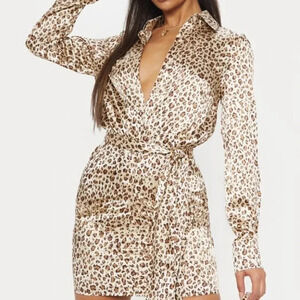 Pretty Little Thing Nude Satin Cheetah Print Dress